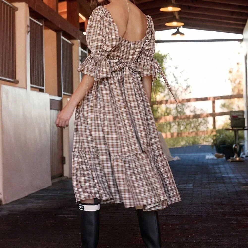 Coffee Brown Boho Women's Plaid Square Neck Midi Dress